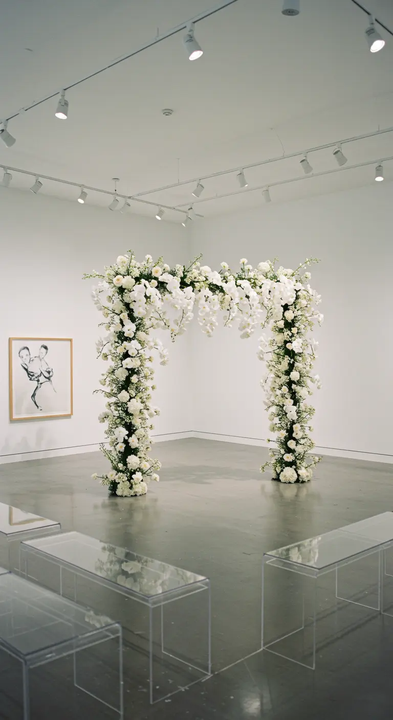 Moderne galerijceremonie met weelderige witte orchideeënboog en transparante bankjes.
