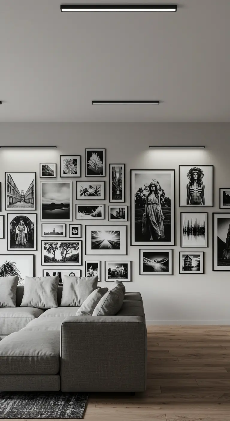 Moderne woonkamer met een grote gallery wall van zwart-wit foto's, verlicht door lineaire wandlampen.