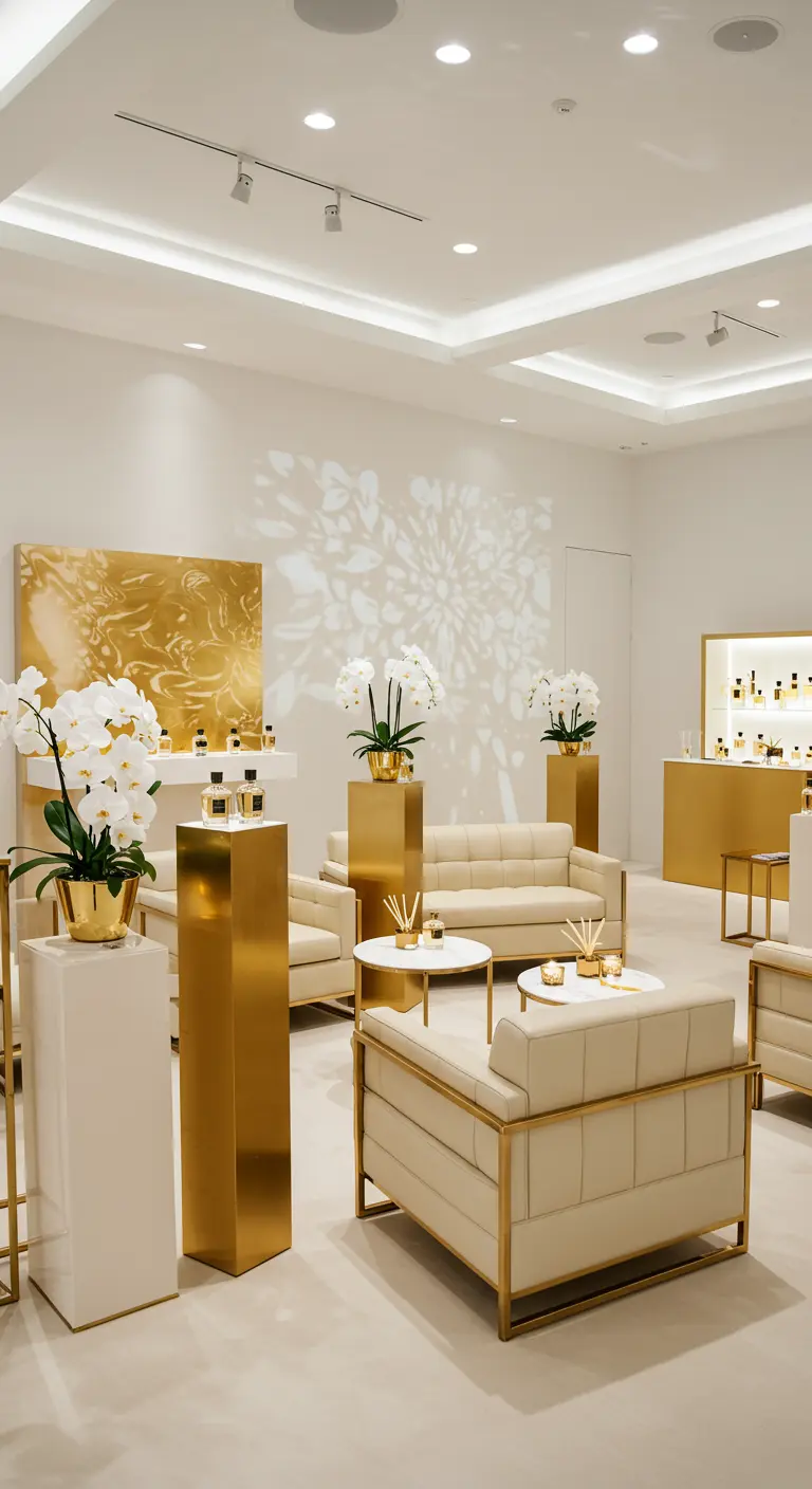 Luxe, minimalistische ruimte met witte orchideeën op gouden pilaren en crèmekleurige designmeubels.