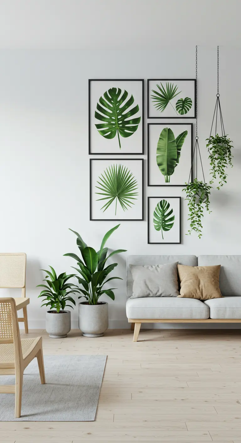 Woonkamer met witte muren, bank en grote ingelijste botanische bladprints aan de muur.