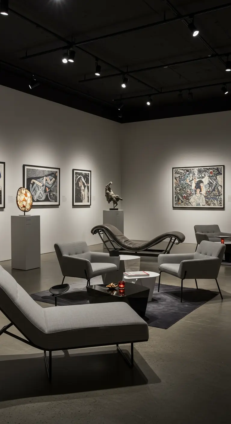 Moderne kunstgalerij lounge met grijze meubels, spotverlichting en kunstwerken aan de muur.