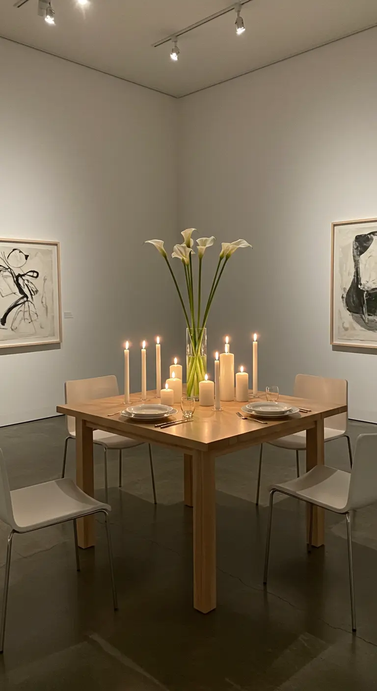 Minimalistische eettafel met witte calla lelies, hoge kaarsen en kunst aan de muur.