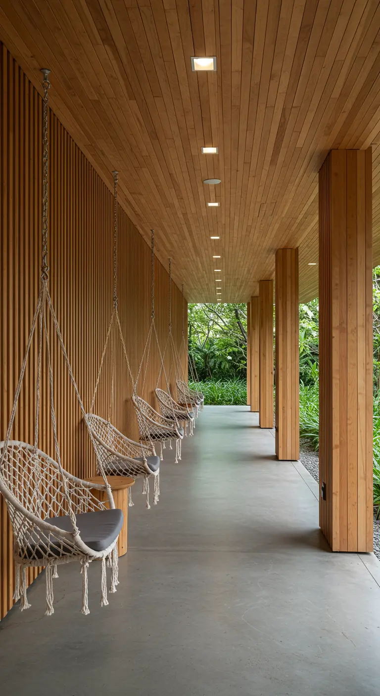 Rij macramé hangstoelen met grijze kussens onder een houten overkapping, langs een gang.