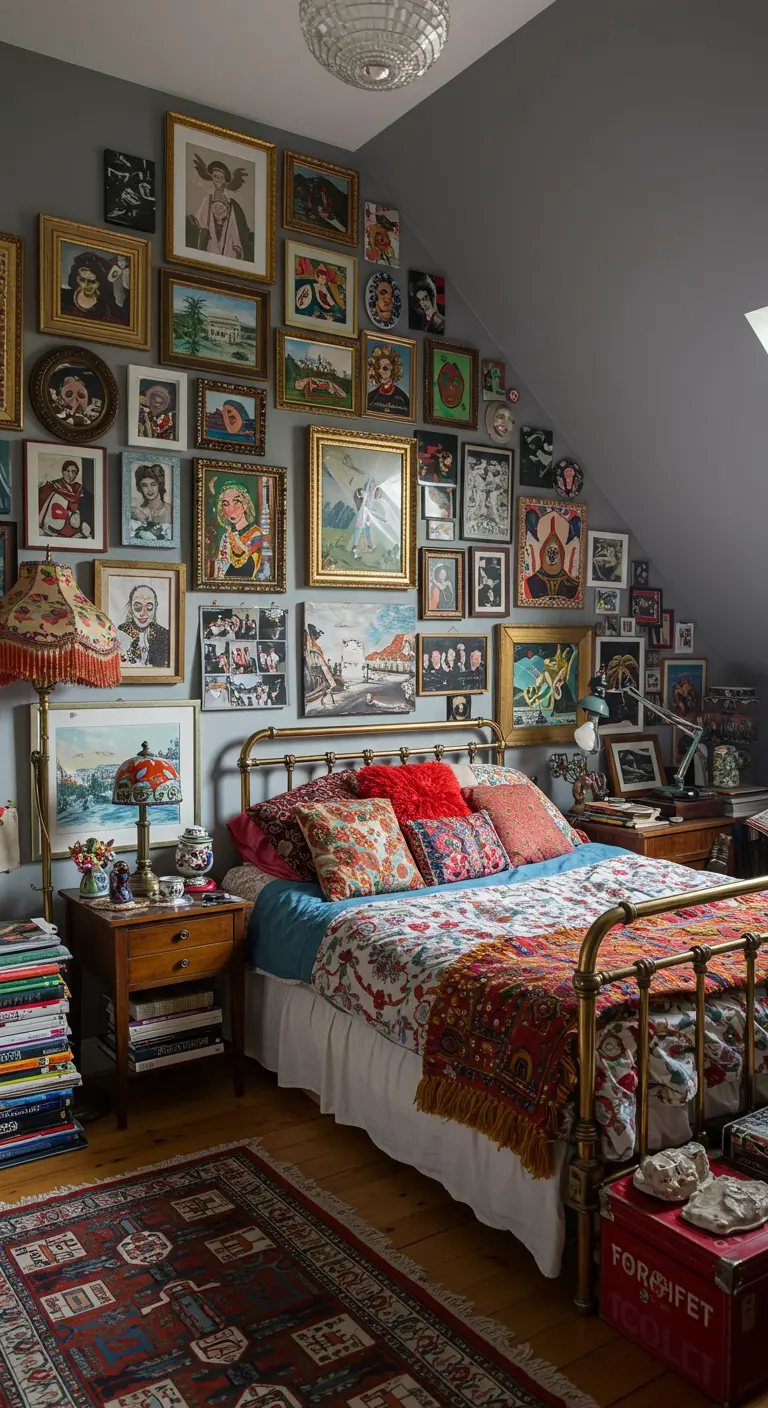 Zolderslaapkamer met een volle galerijmuur van schilderijen op een grijze schuine wand.