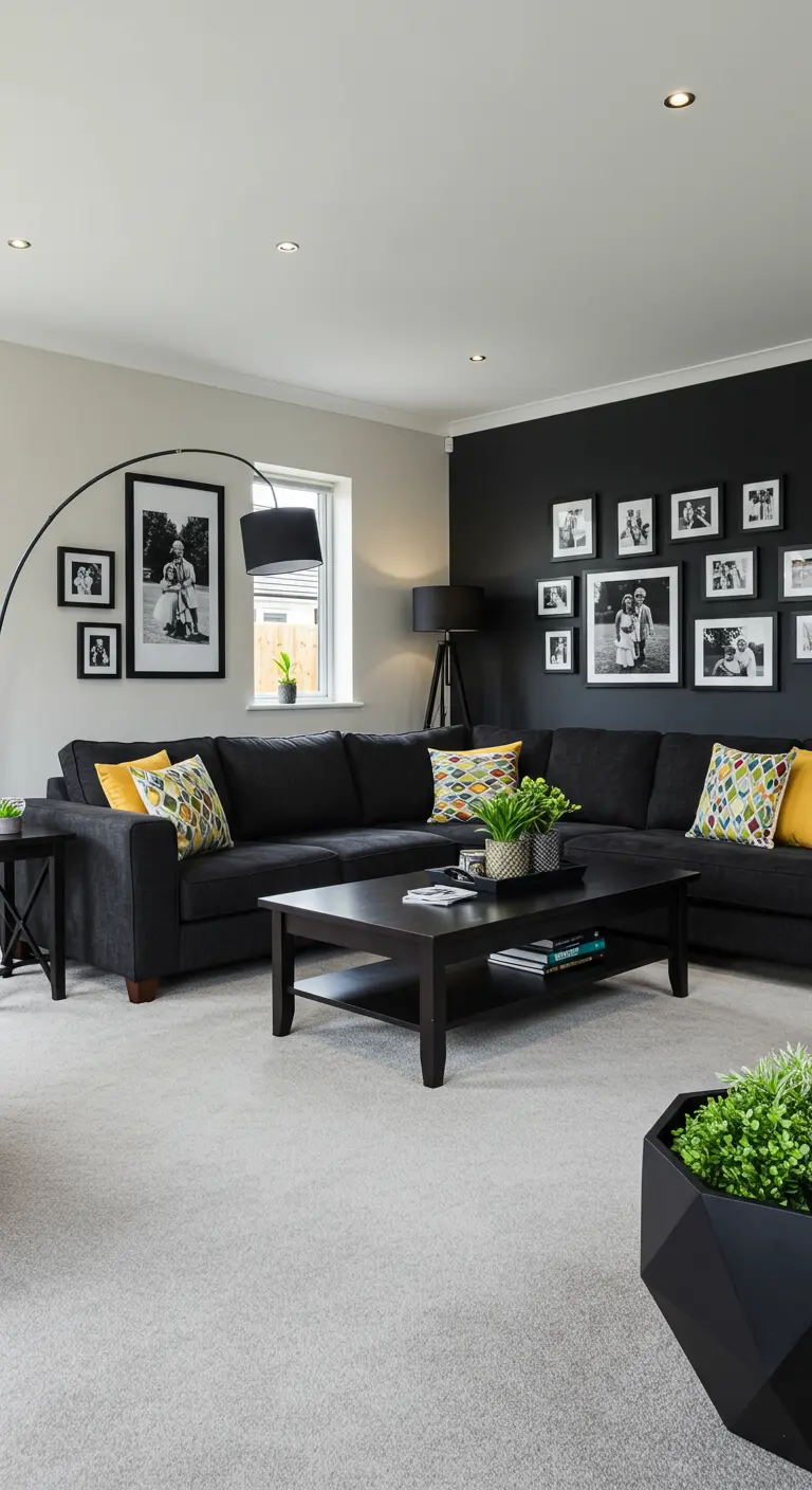 Woonkamer met zwarte accentmuur, galerij van zwart-wit foto's, grijze bank en kleurrijke kussens.