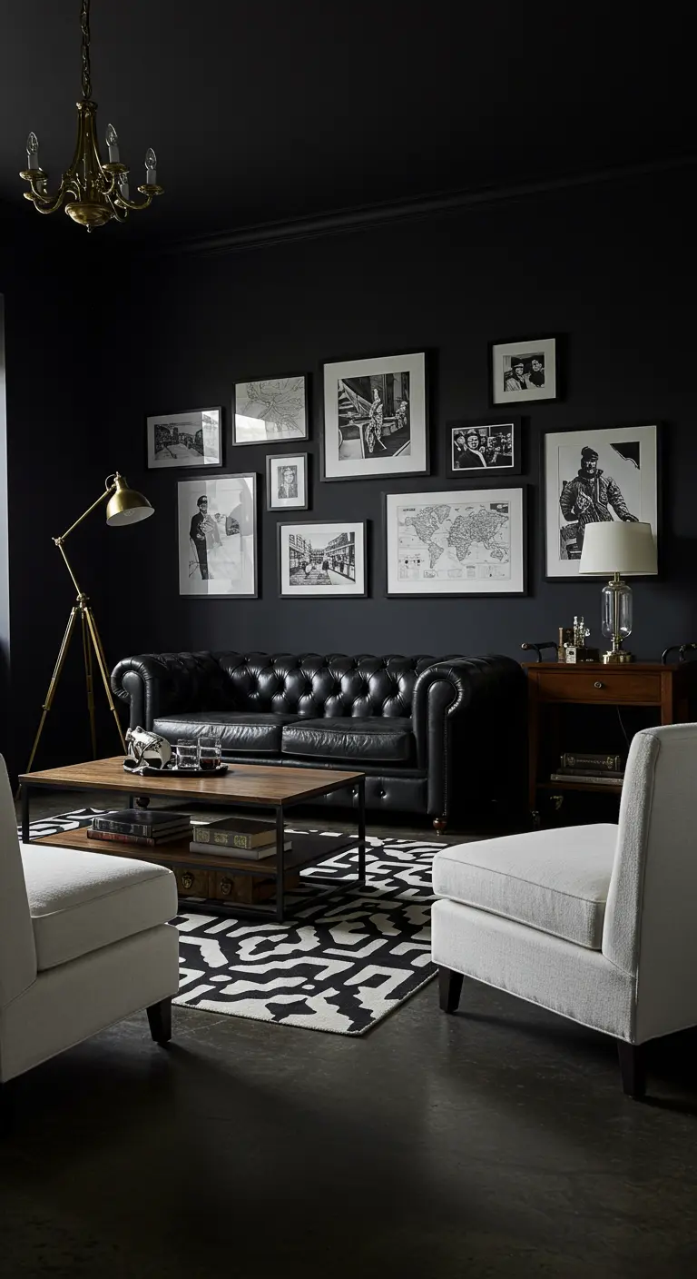 Donkere woonkamer met zwarte Chesterfield bank, witte stoelen en een grote zwart-wit fotogalerij.