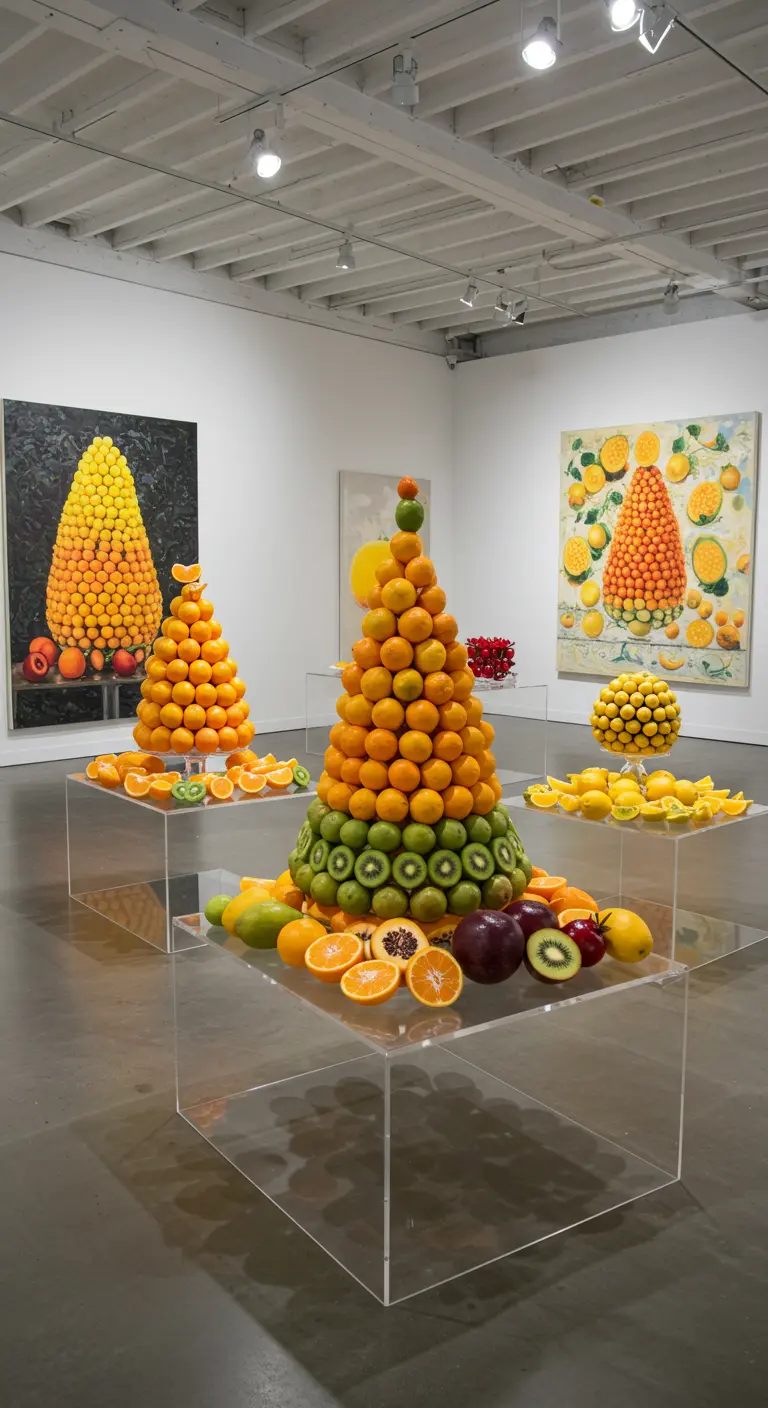 Kunstzinnige display van fruitpiramides op glazen sokkels in een lichte galerijruimte.
