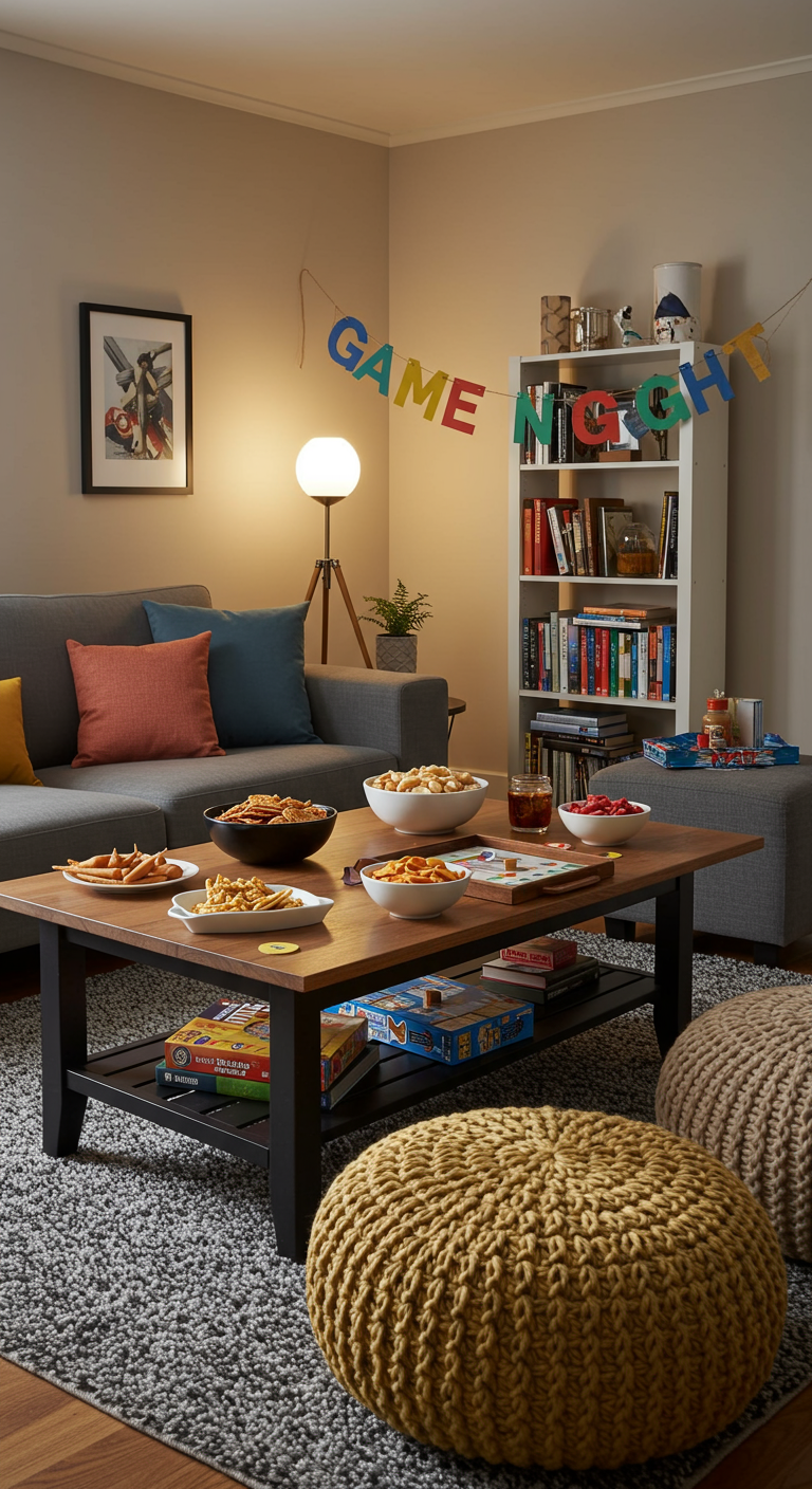Woonkamer ingericht voor een spelletjesavond met snacks en een