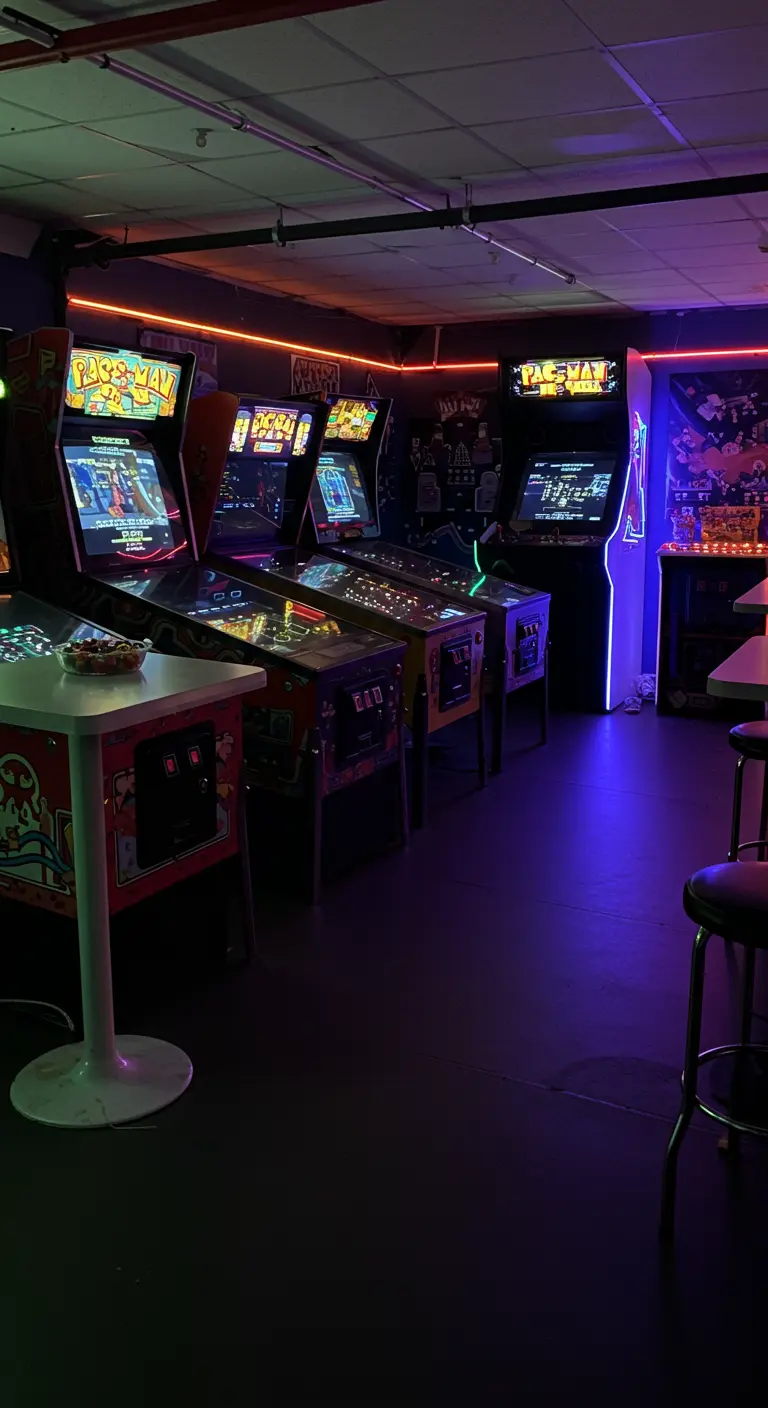 Verjaardagsfeest in jaren '80 arcadehal stijl met neonlicht.