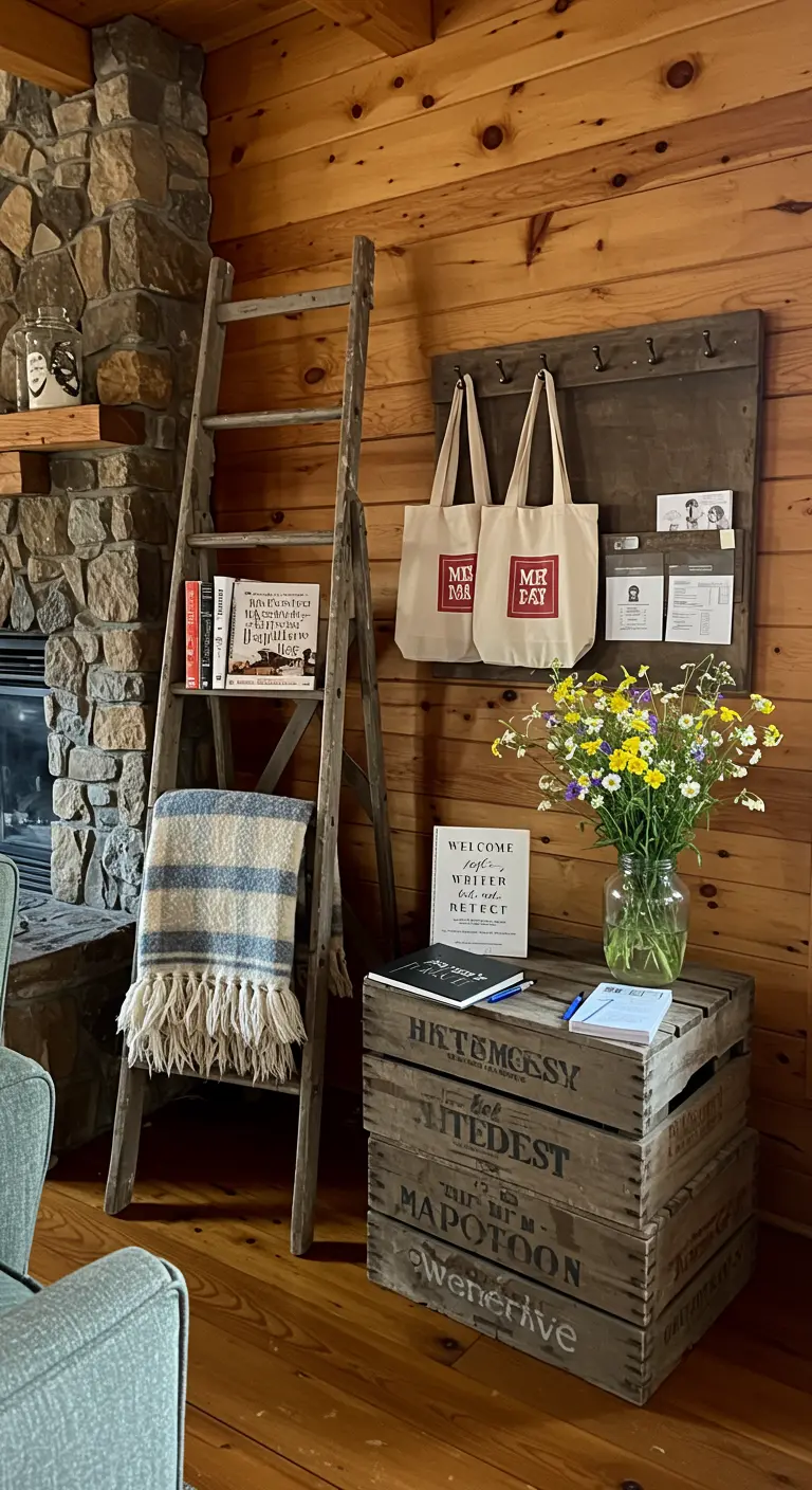 Welkomsthoek in een houten huisje met gestapelde kratten, een ladder met een plaid en een gastenboek.