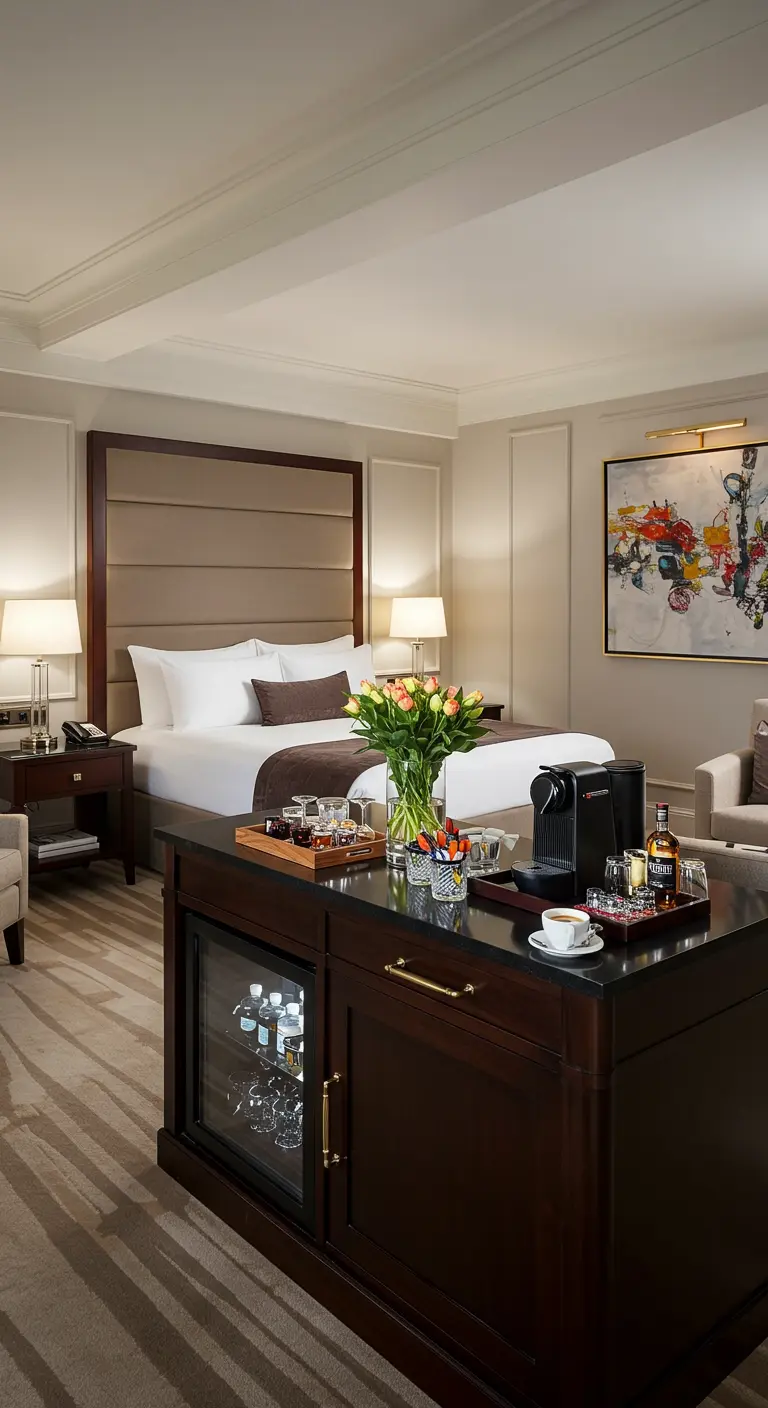 Luxe hotel logeerkamer met een speciaal meubel voor minibar en koffiezetapparaat.