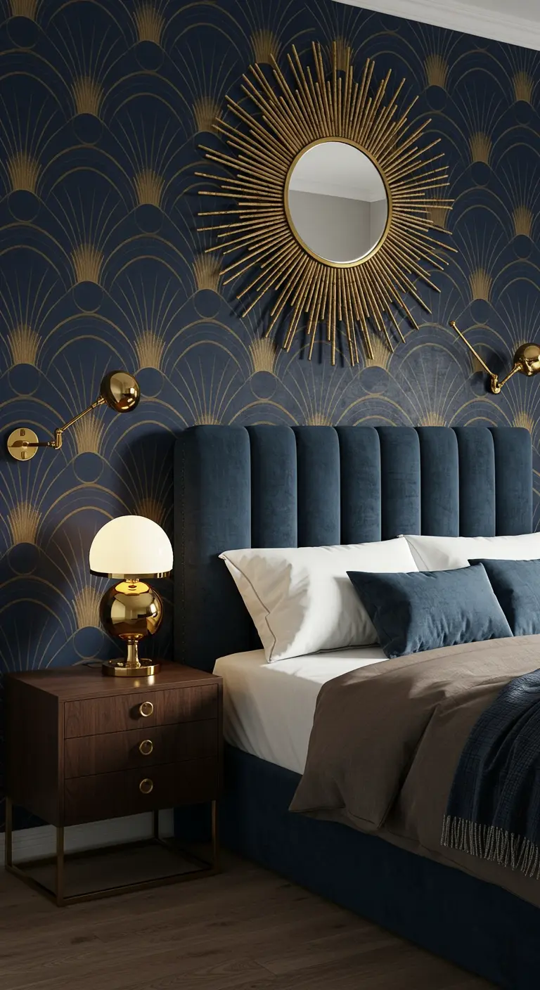 Art Deco slaapkamer met sunburst spiegel, gouden accenten en donkerblauw behang.