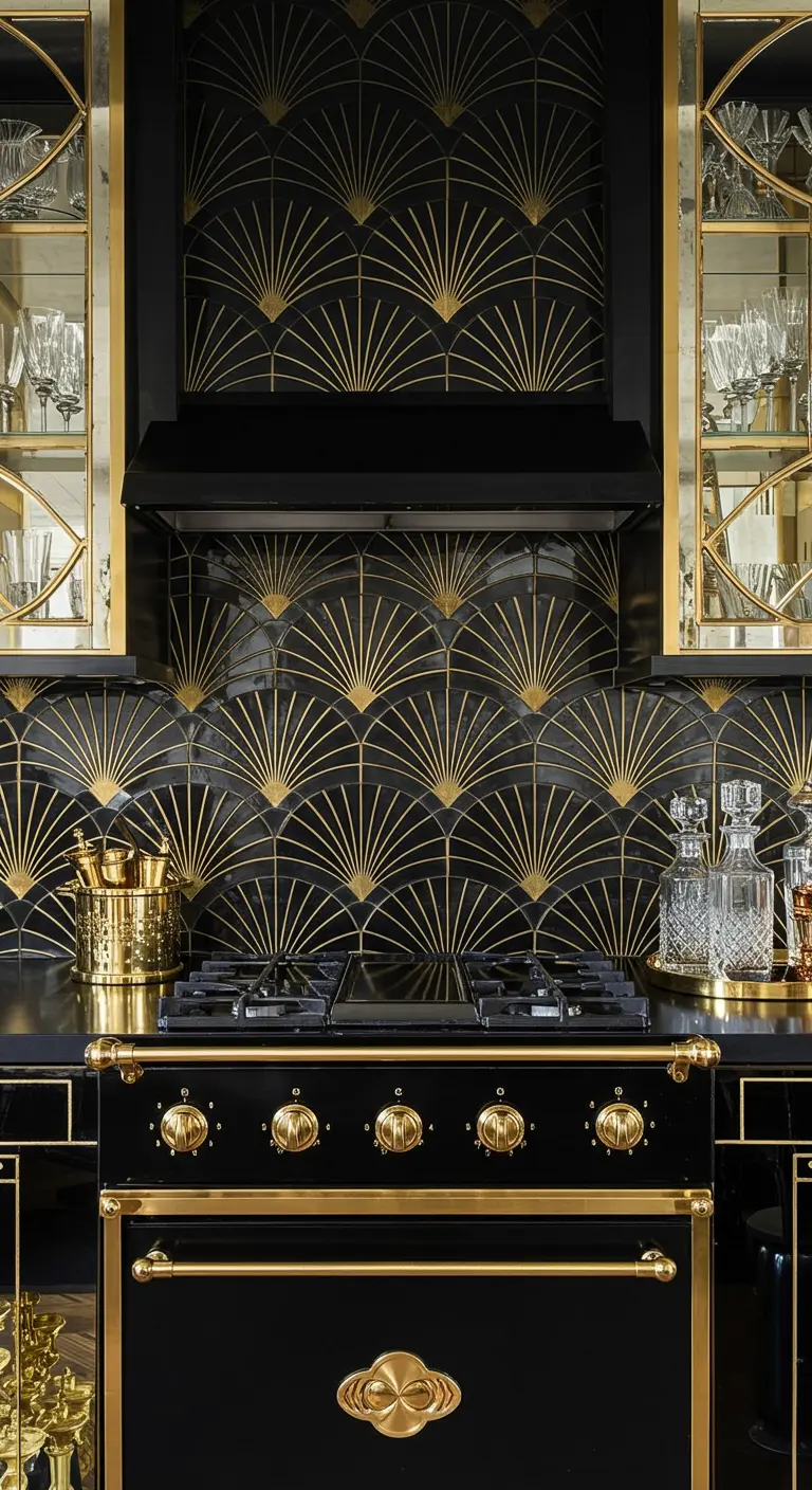Zwart fornuis met gouden details en Art Deco tegels met goudpatroon.
