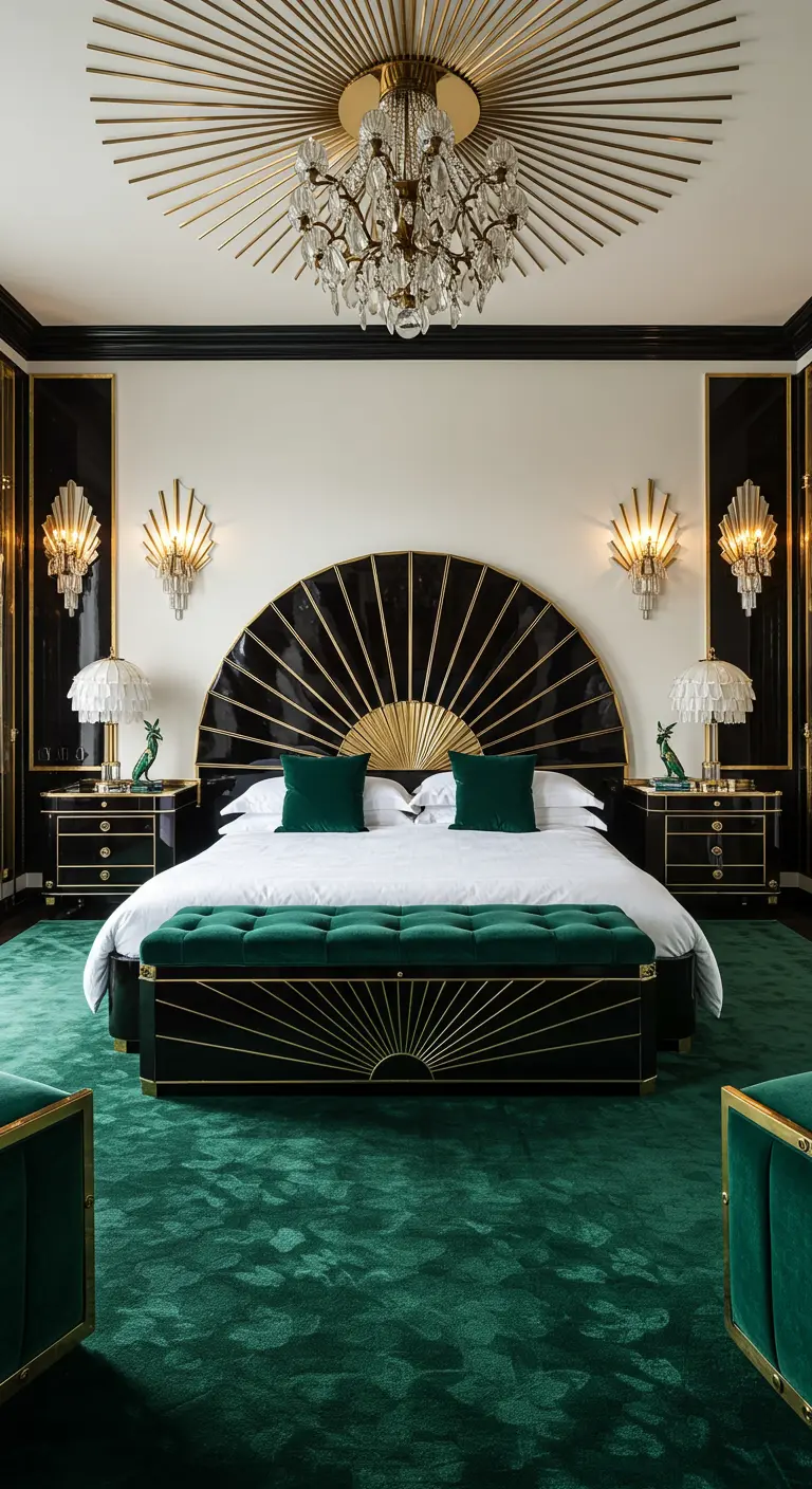 Art Deco slaapkamer met zwart-gouden hoofdbord, smaragdgroen tapijt en gouden lampen.