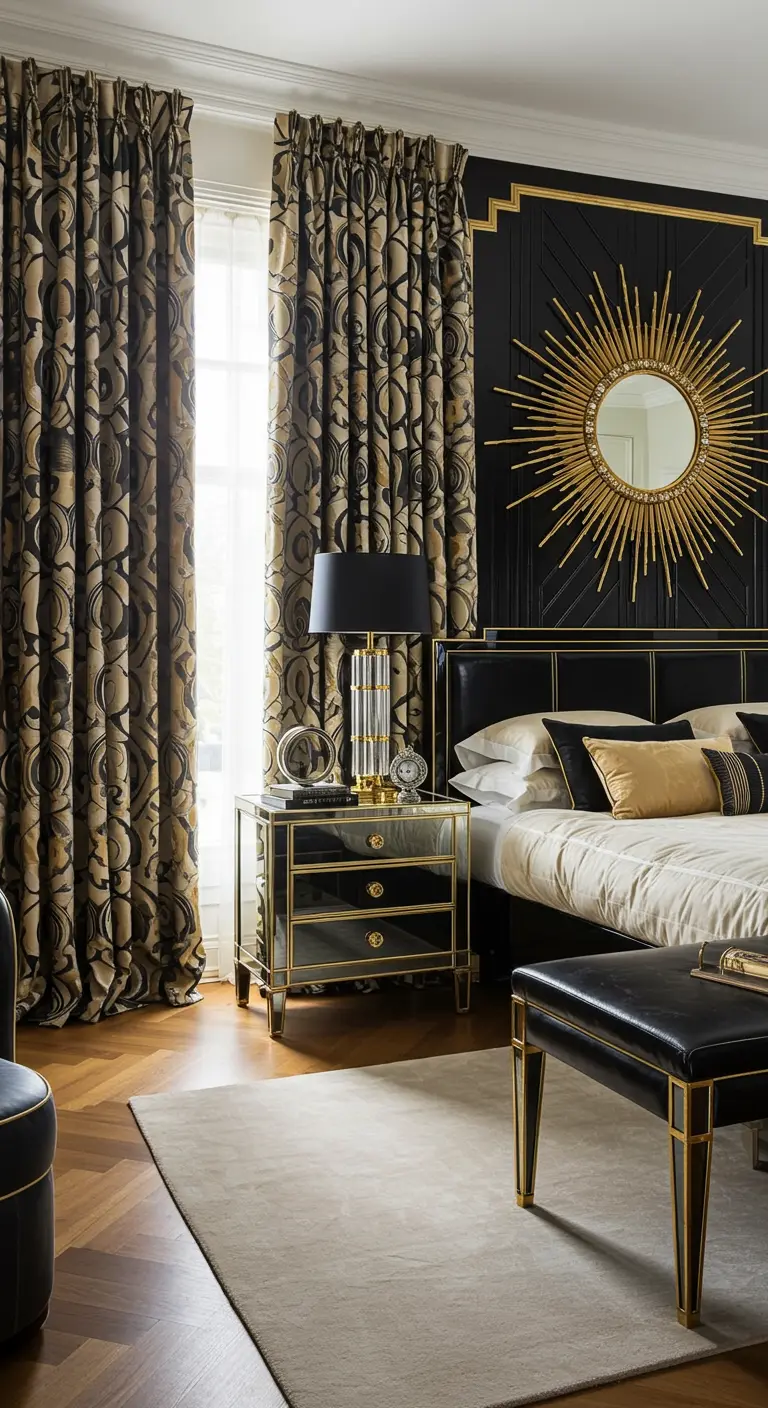 Art deco slaapkamer met zwart-gouden gordijnen met geometrisch patroon.
