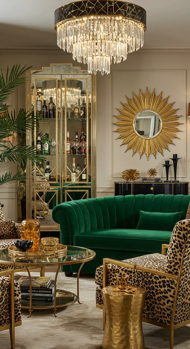 Luxe woonkamer met gouden Art Deco drankenkast, smaragdgroene bank en panterprint fauteuils.