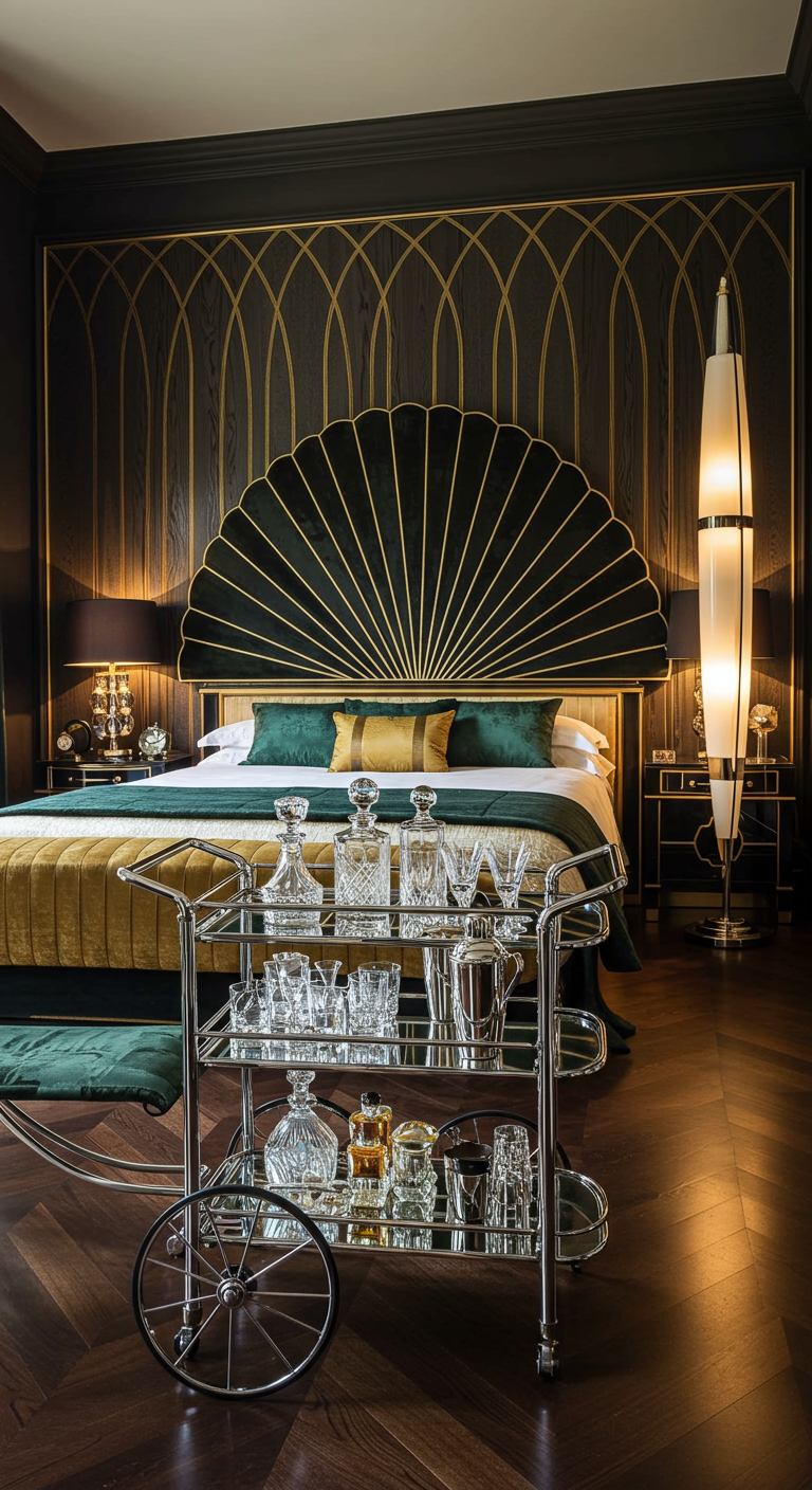 Luxe Art Deco slaapkamer met een dranktrolley naast het bed.