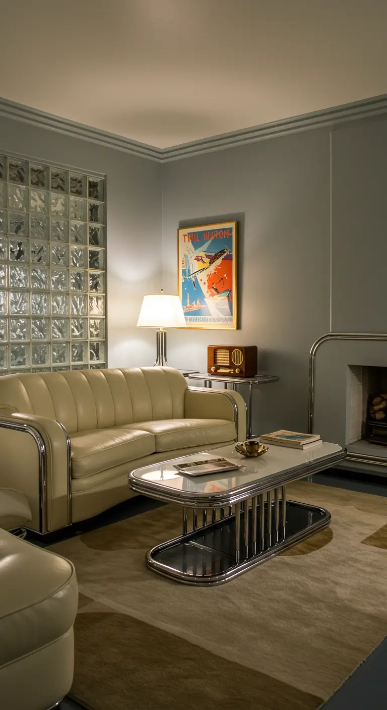 Art Deco woonkamer met crèmekleurige bank, geometrische salontafel en glazen bouwstenen muur.