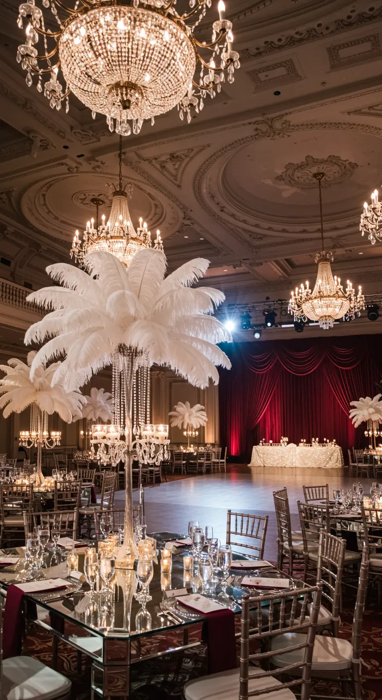 Balzaal met hoge witte veren centerpieces, kroonluchters en spiegelende tafels.