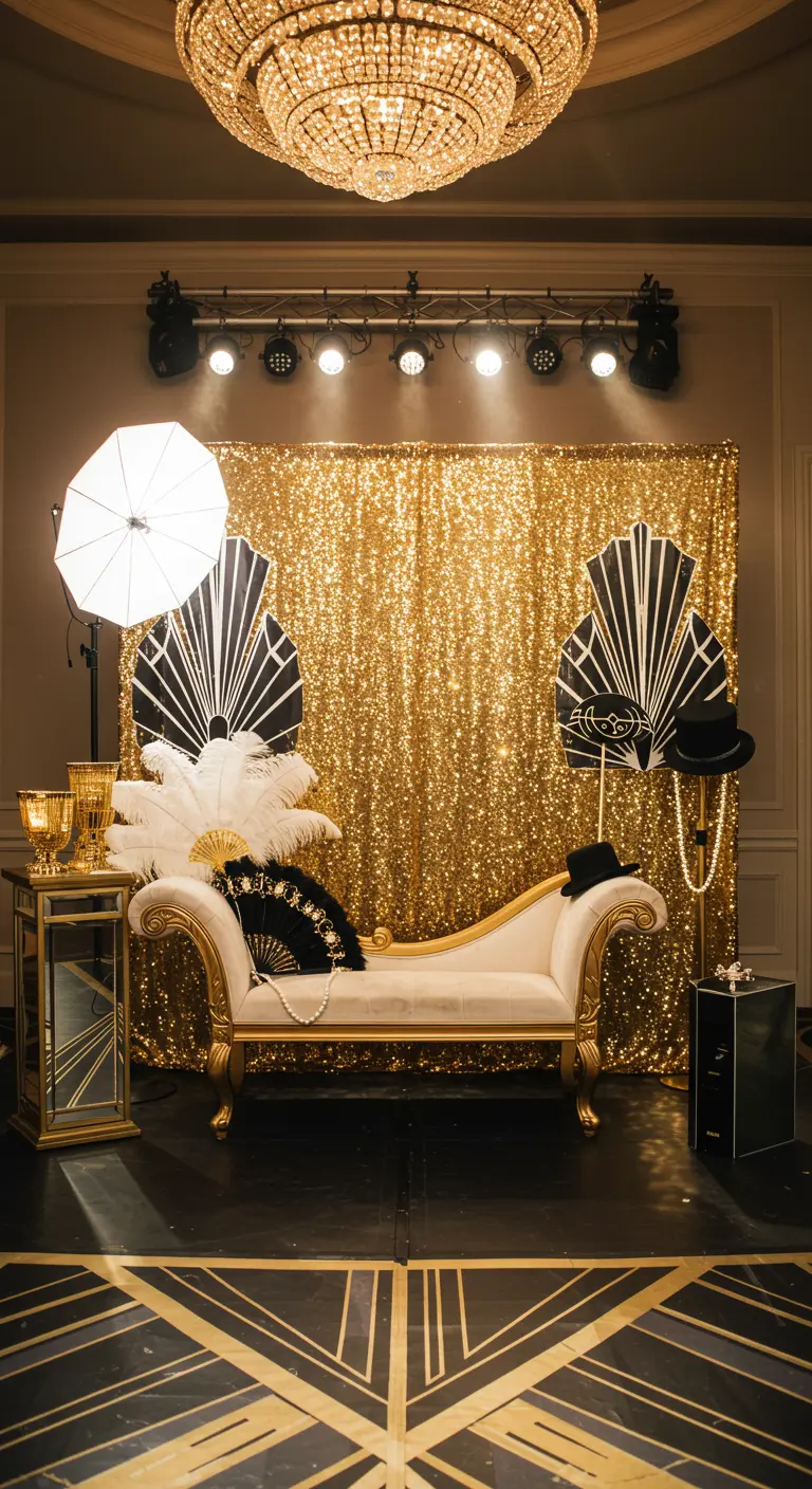 Glamoureuze Gatsby photobooth met gouden pailletten achtergrond, chaise longue en Art Deco props.