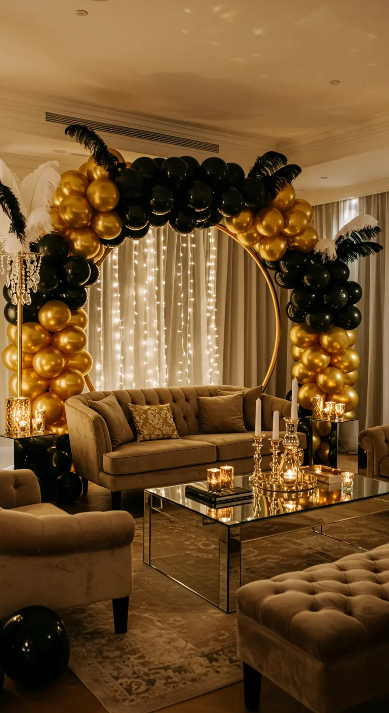 Gatsby-stijl woonkamer met gouden en zwarte ballonboog, veren, lichtslingers en luxe meubels.