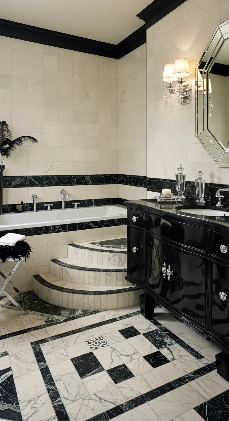 Art Deco badkamer met zwart-wit marmeren vloer in geometrisch patroon en zwart meubel.