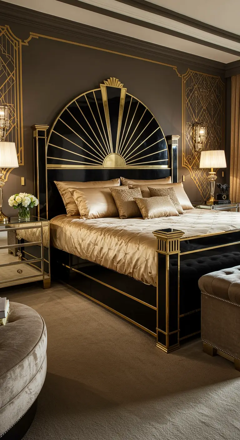 Zwart en goud art deco bedframe met geometrisch hoofdbord.