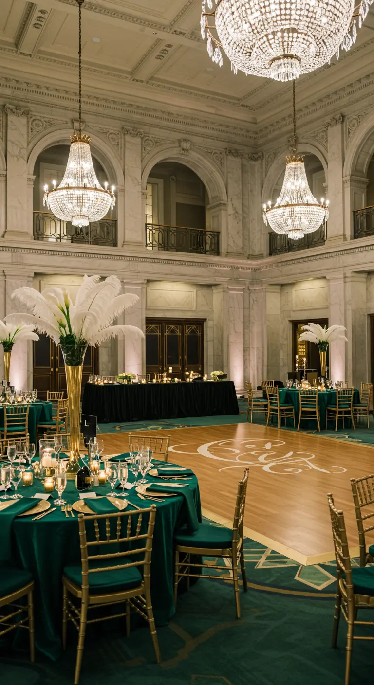 Elegante balzaalreceptie met smaragdgroene tafels, gouden accenten en veren.