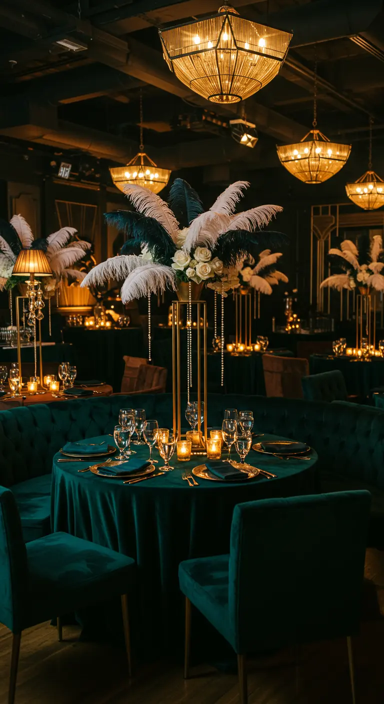 Luxe jaren '20 tafelschikking met smaragdgroen fluweel, goud en struisvogelveren.