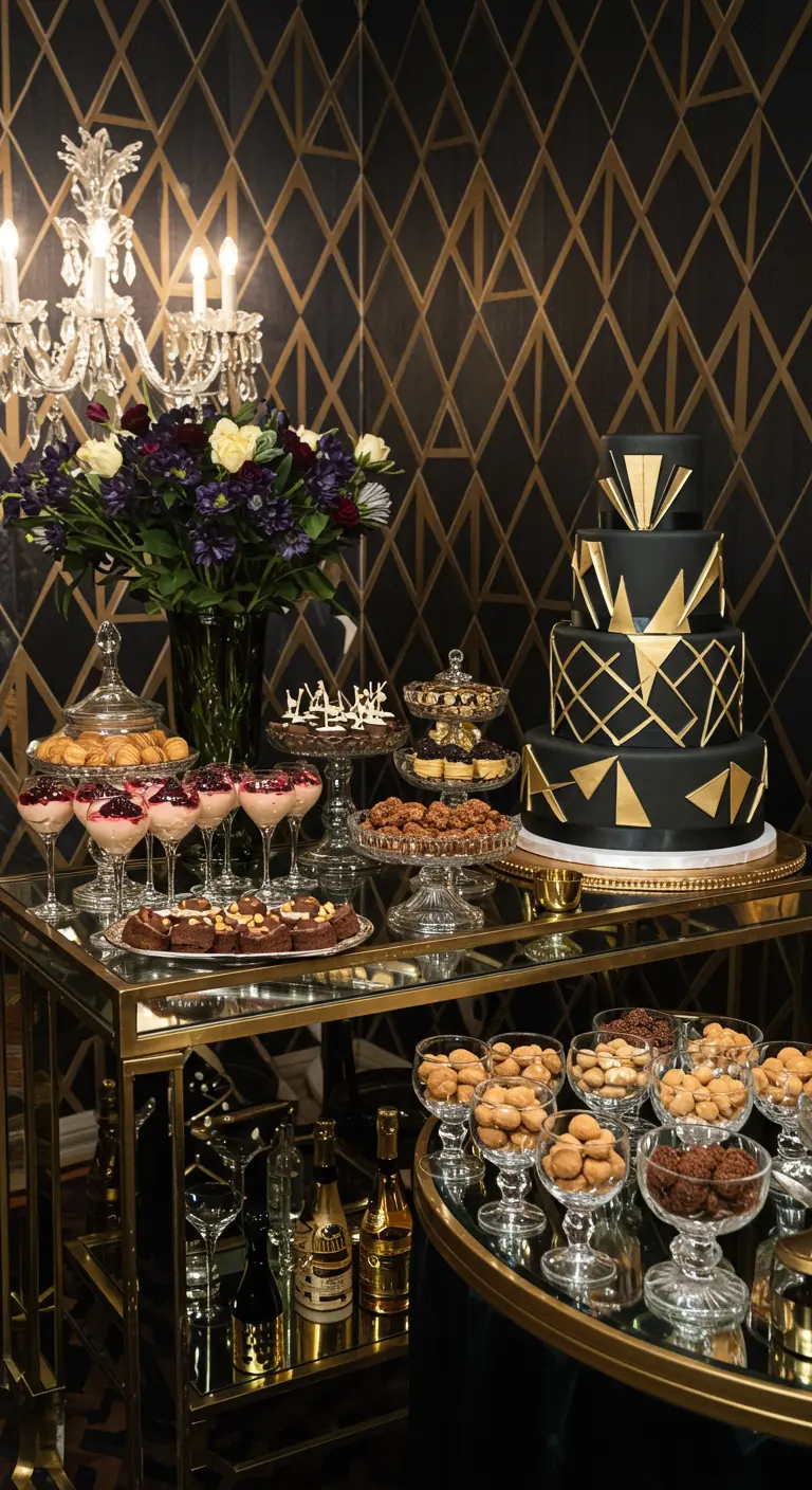Art Deco desserttafel in zwart en goud met geometrische taart en luxe hapjes.