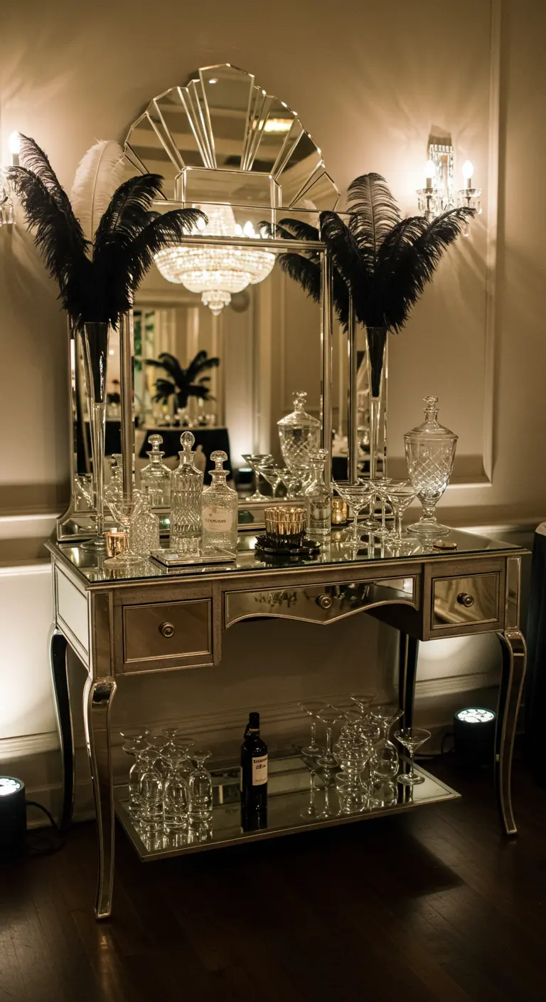 Zilveren Art Deco kaptafel met spiegel, ingericht als bar met kristallen glazen en zwarte veren.
