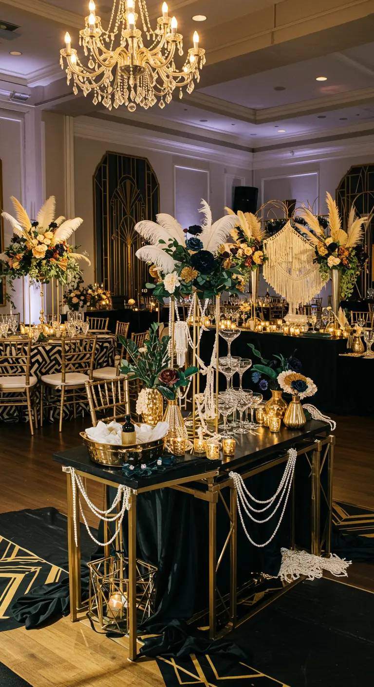Luxe Great Gatsby-stijl desserttafel met goud, parels, veren en bloemen.