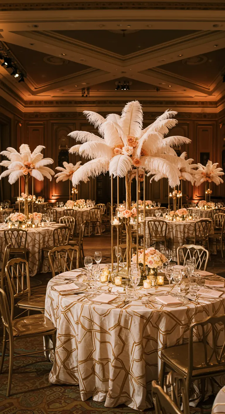Elegante zaal met tafelstukken van witte veren, perzikrozen en gouden stoelen.