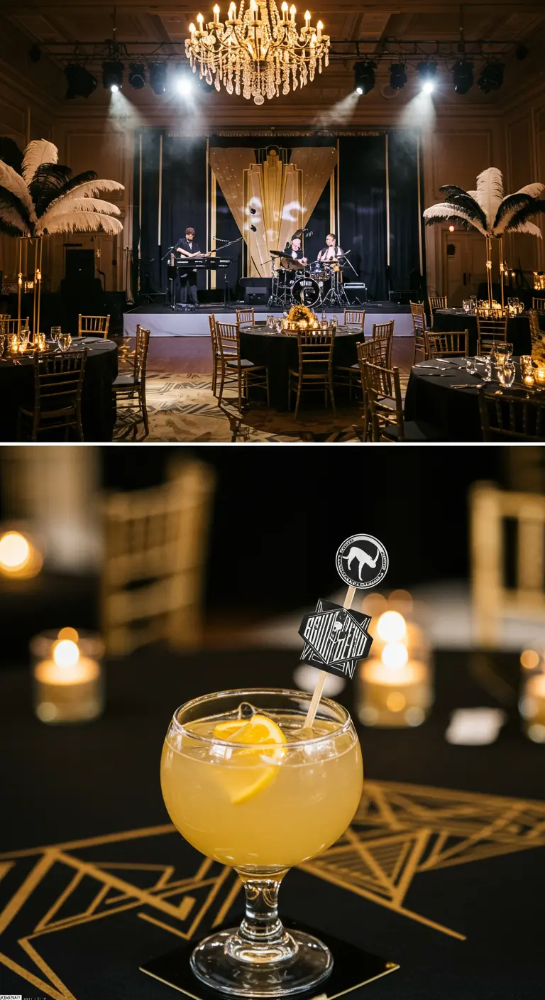 Great Gatsby-thema bruiloft met live band en een close-up van een thematische cocktail.