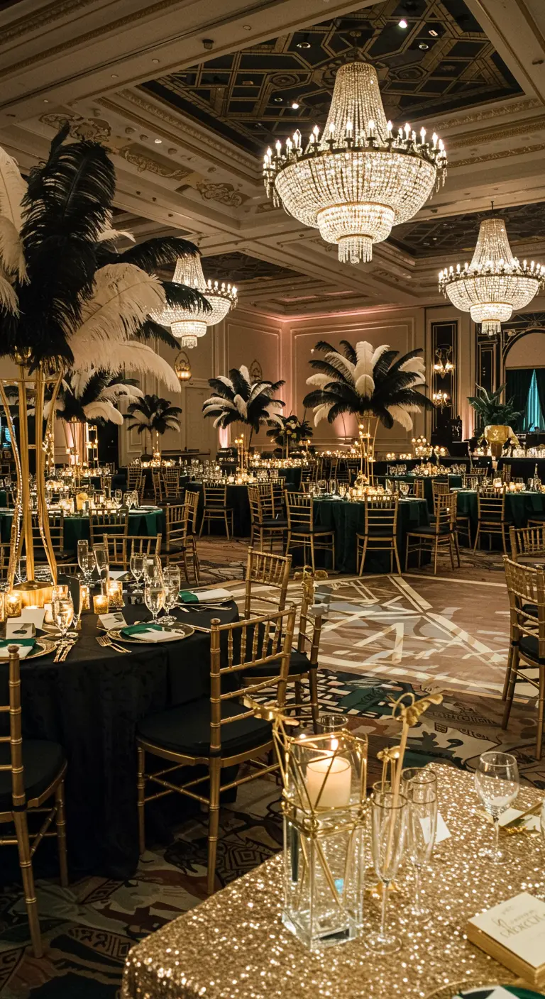 Luxe bruiloftsreceptie met thema Great Gatsby, goud, zwarte tafelkleden en veren centerpieces.