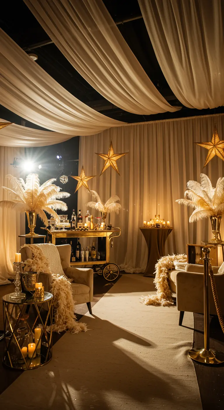 Feestsetting in Great Gatsby stijl met veren, gouden barcart, gedrapeerde stoffen en sterren.