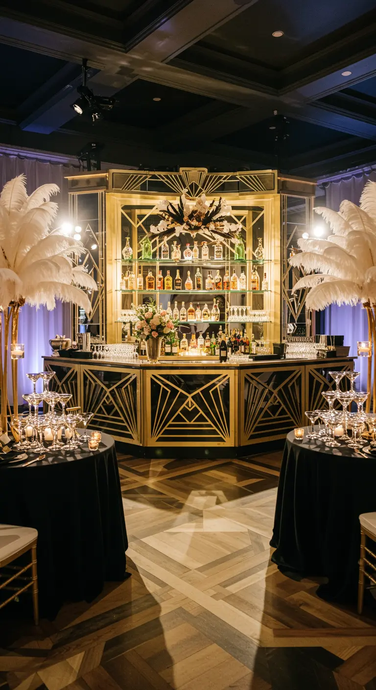 Art Deco bar in zwart en goud met struisvogelveren en champagnetorens.