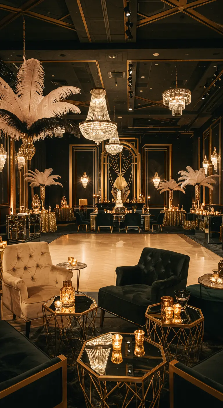 Luxe Art Deco feestzaal met goud, zwart en veren.