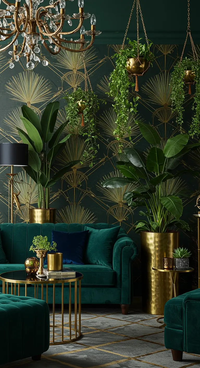 Glamoureuze woonkamer met groen-gouden behang, smaragdgroene bank en veel gouden accessoires.
