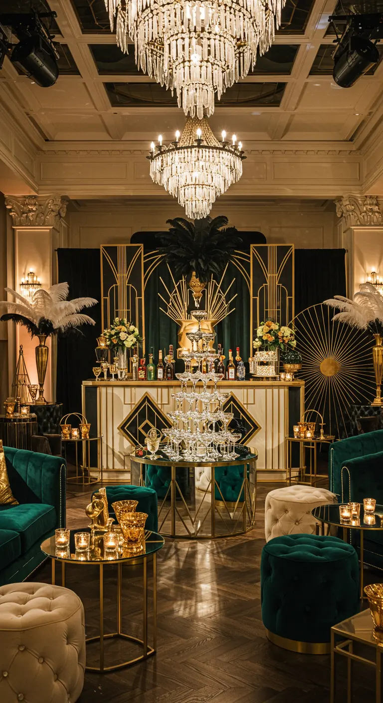 Art Deco feeststyling met goud, zwart, kroonluchters en champagnetoren.