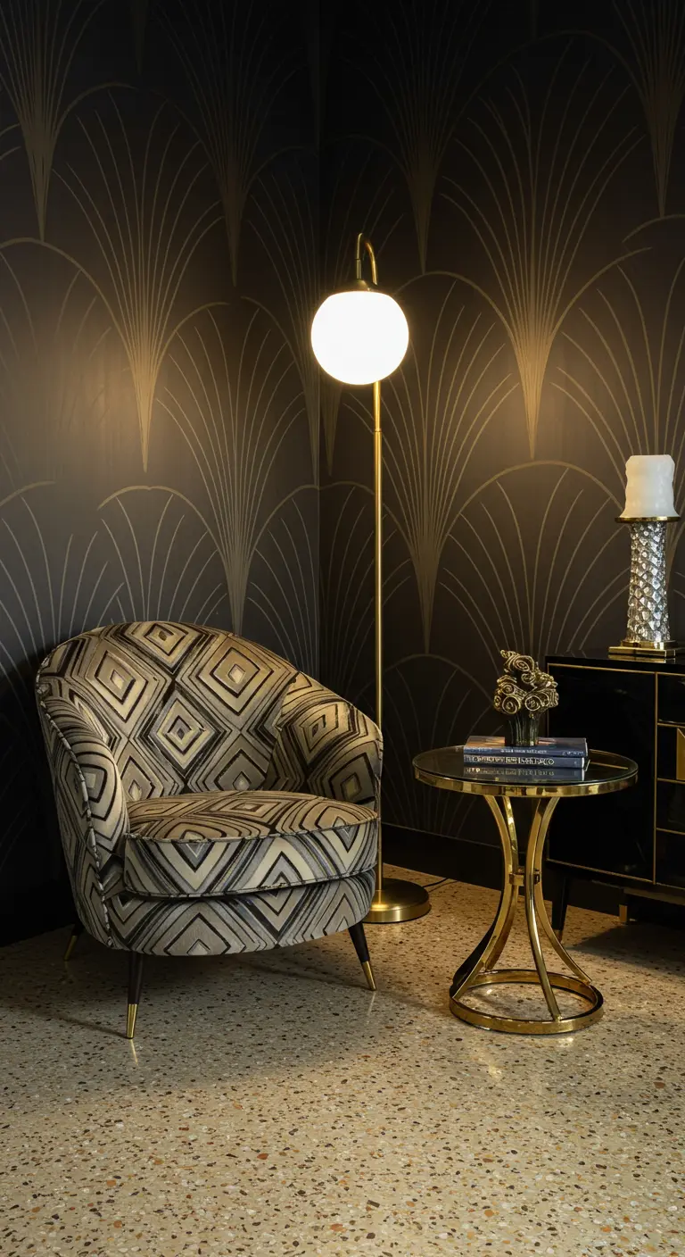 Art Deco hoek met zwart-goud grafisch behang, fauteuil met patroon en gouden bijzettafel.