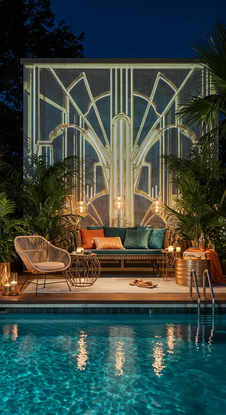 Zwembadterras met Art Deco projectie, rotan stoel, loungebank en gouden accenten.