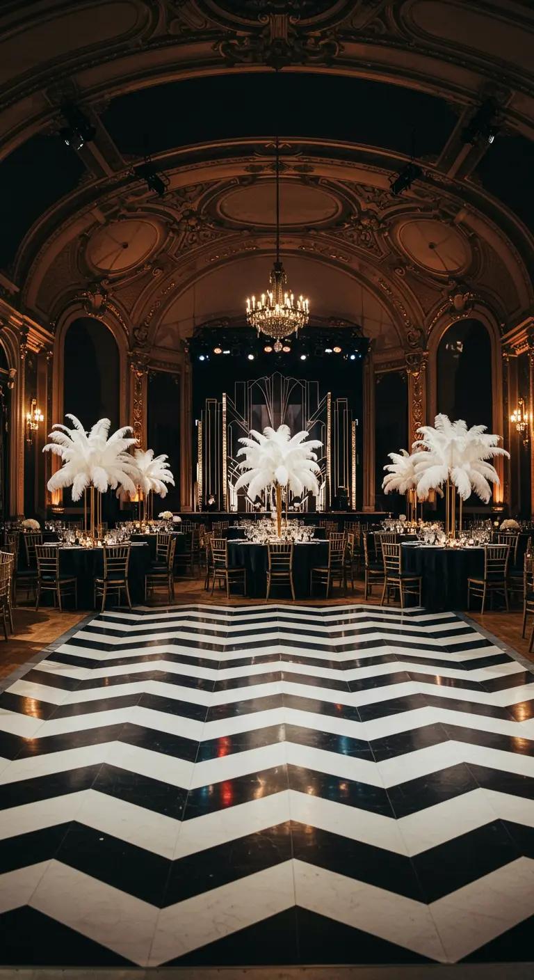 Zwart-wit chevron dansvloer met witte veren decoratie in Art Deco stijl.
