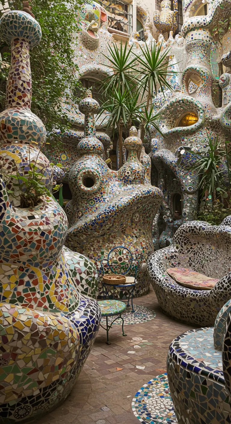 Een tuin vol grote, organisch gevormde sculpturen en objecten, volledig bedekt met kleurrijk mozaïek.