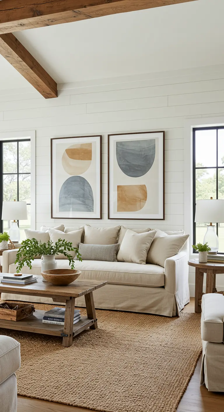 Landelijk moderne woonkamer met twee grote prints met abstracte halfronde vormen.