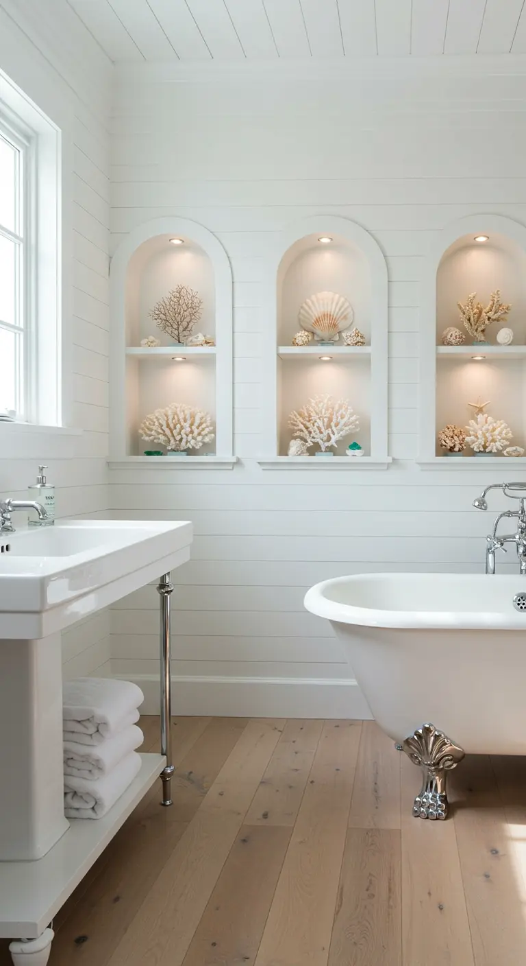 Witte badkamer met drie verlichte gebogen nissen vol zeedecoraties en een vrijstaand bad.