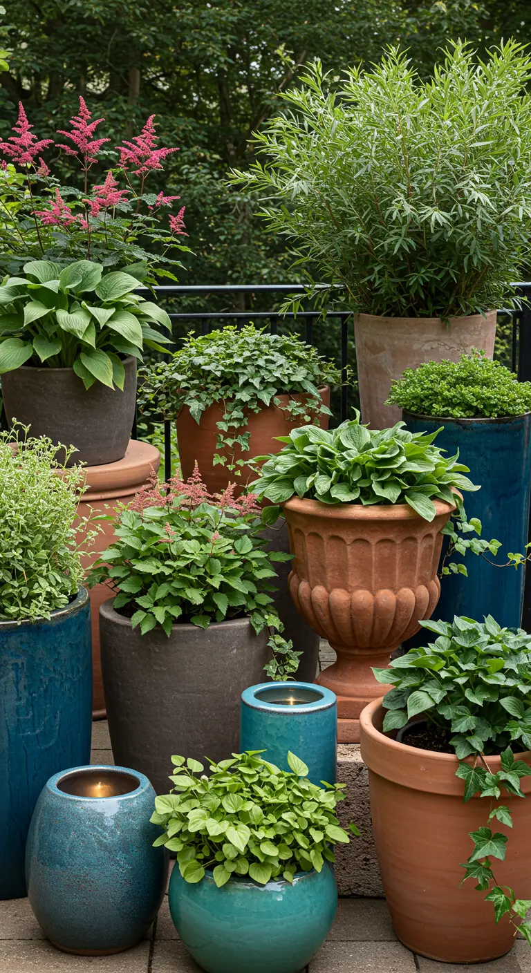 Verzameling potten met Gebroken Hartje, Hosta's, Astilbes en varens op een terras.