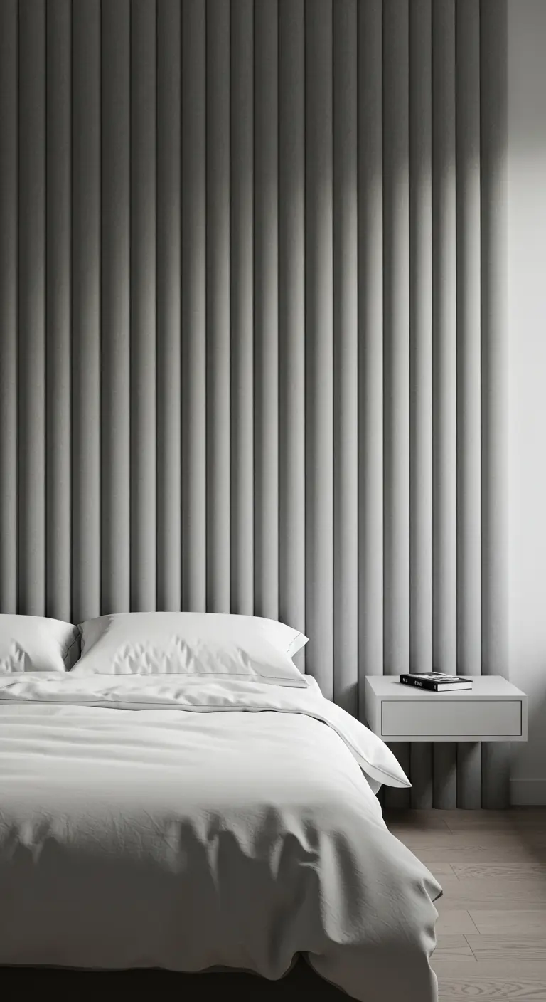 Minimalistische slaapkamer met een volledige grijze gecanneleerde accentmuur achter het bed.