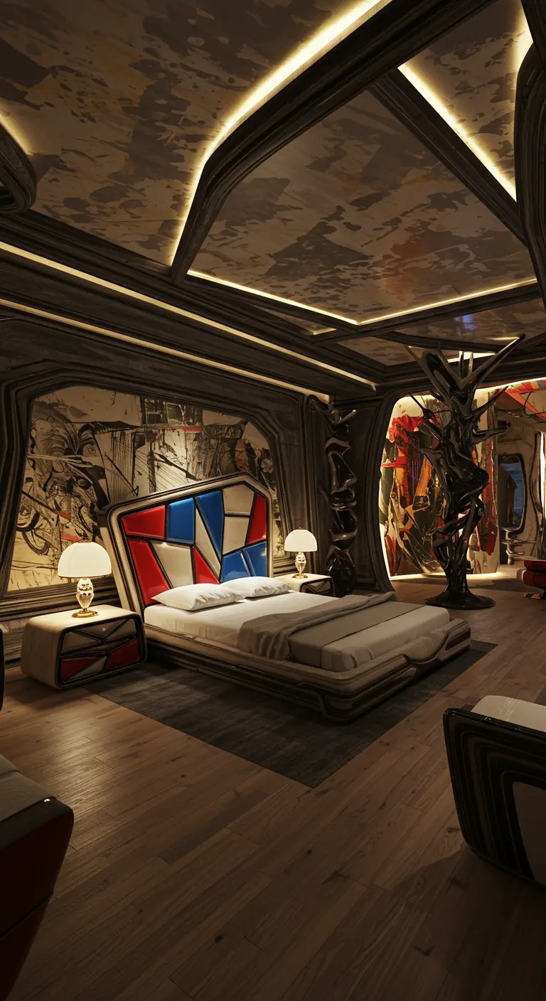 Abstracte slaapkamer met geometrisch hoofdbord in rood-blauw en futuristische vormen.