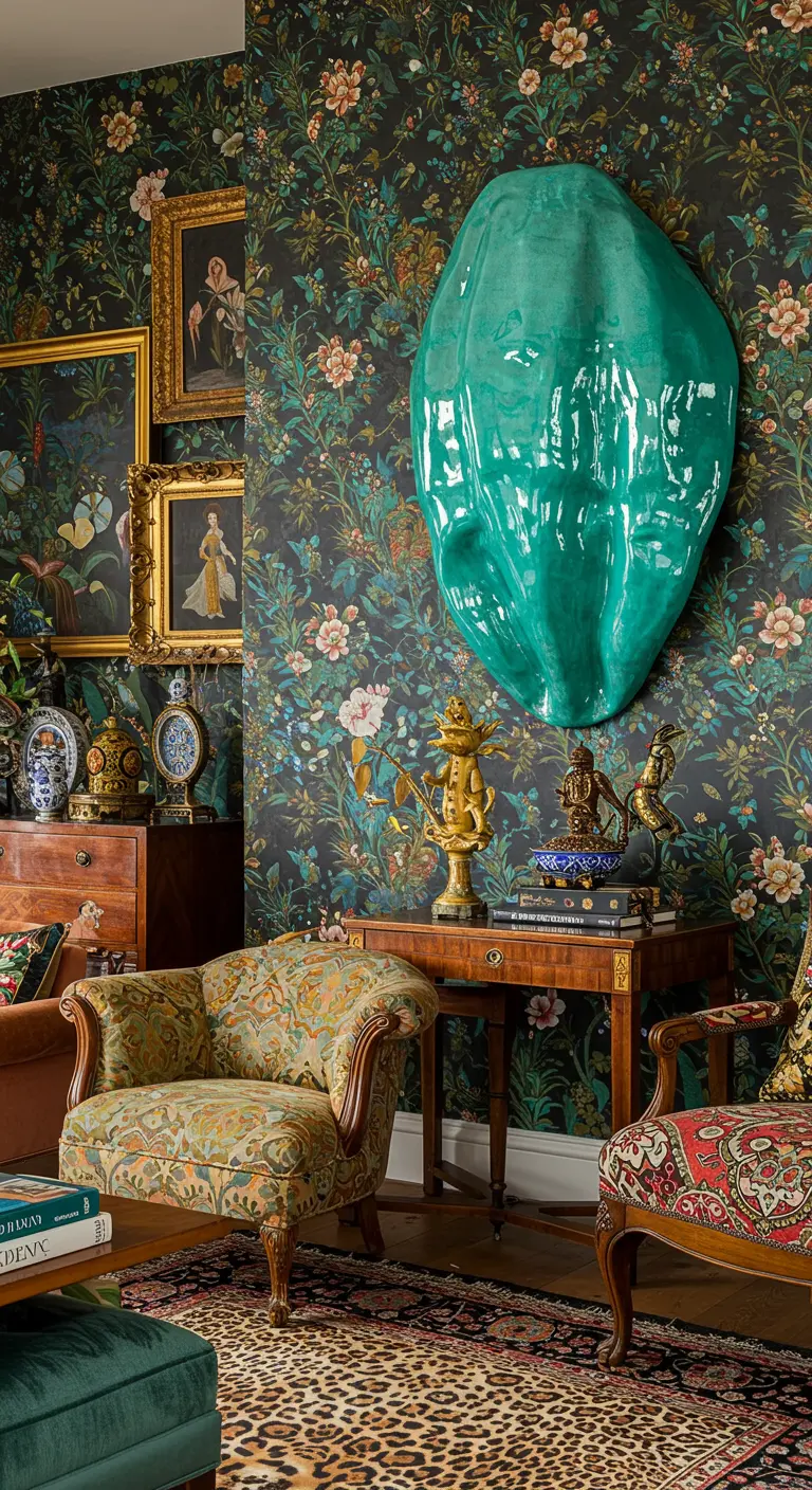 Maximalistisch interieur met bloemenbehang en grote turkooizen keramische wandlamp.